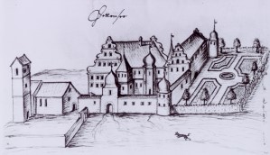 (z.T. umstrittene) Skizze der Schlossanlage mit Kirche etwa aus dem Jahre 1750