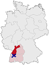 [Karte Deutschlands:
Hervorgehoben Baden-W&uuml;rttemberg, Regierungsbezirk Karlsruhe; Lage von Dettensee durch Kreuz markiert]