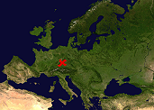 [Satellitenbild Europas; Lage Dettensees durch Kreuz markiert]